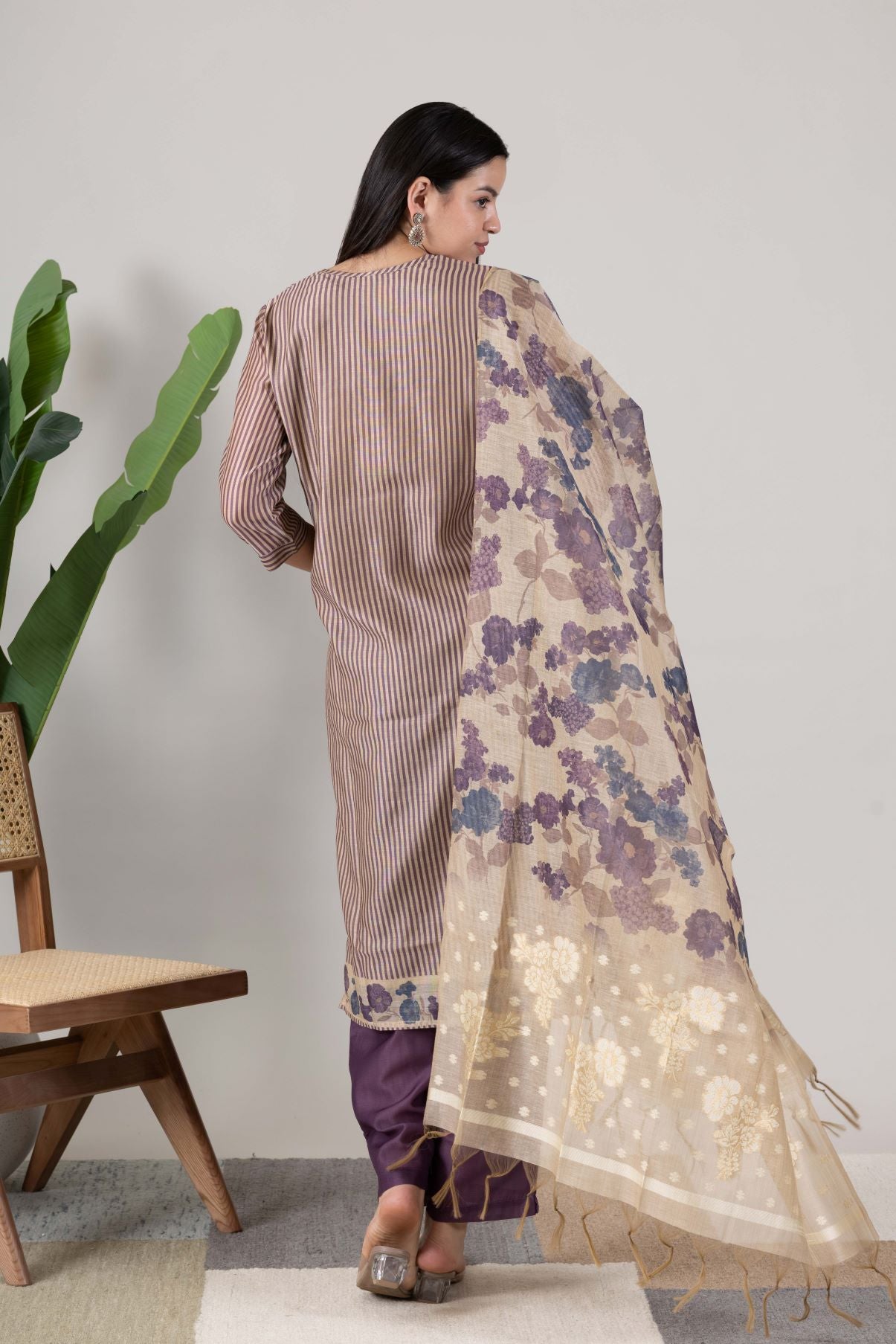 KUDIORY Women Purple Striped Kurta with Floral Printed Dupatta & Straight Pants
