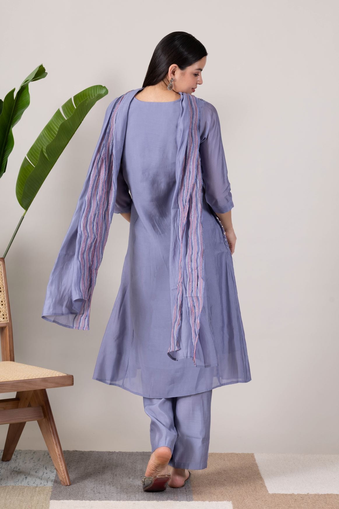 KUDIORY Women’s Grey Embroidered Kurta with Trousers & Dupatta