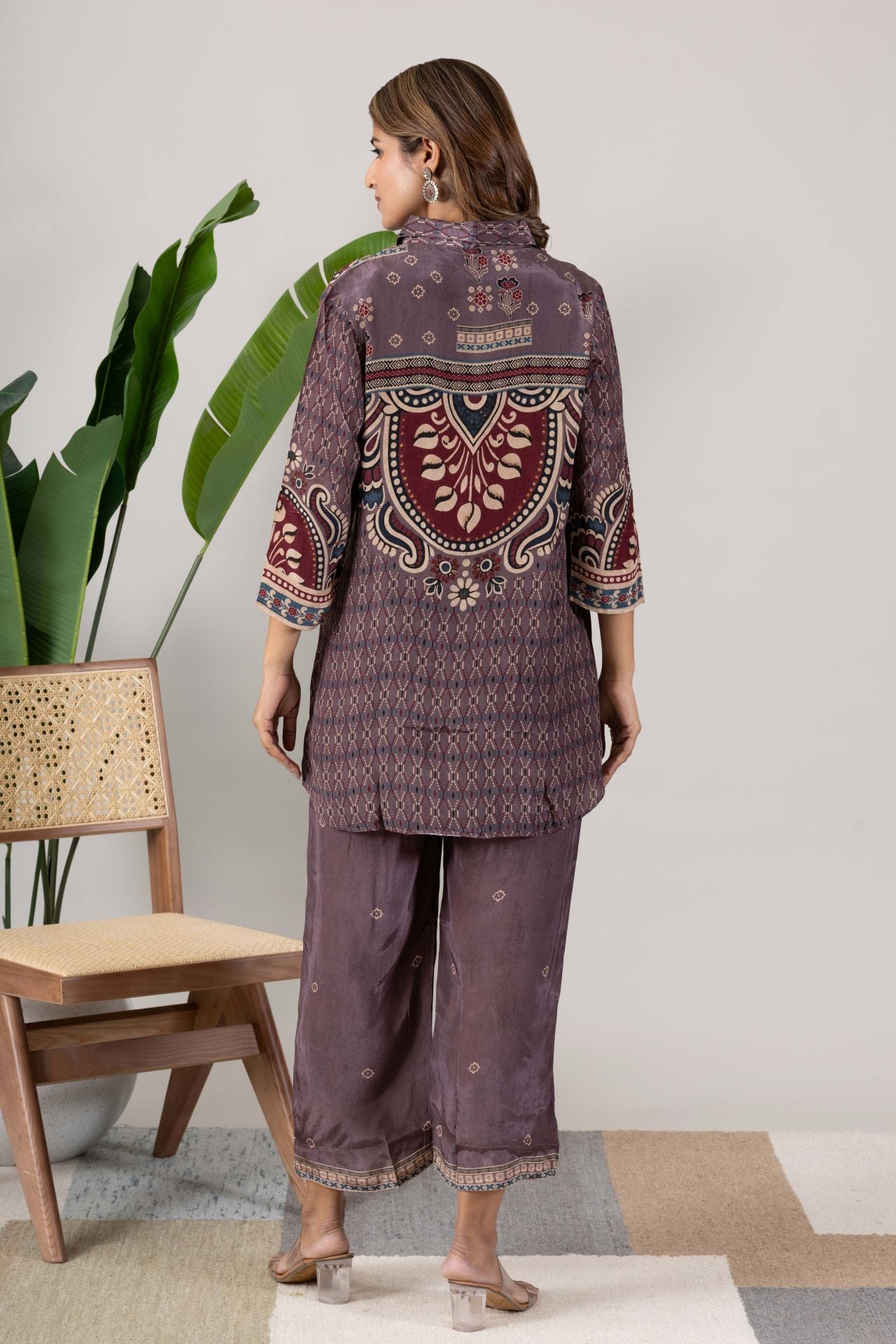 KUDIORY Women Mauve & Maroon Printed Straight Kurta with Matching Palazzos Ethnic Co-Ord Set