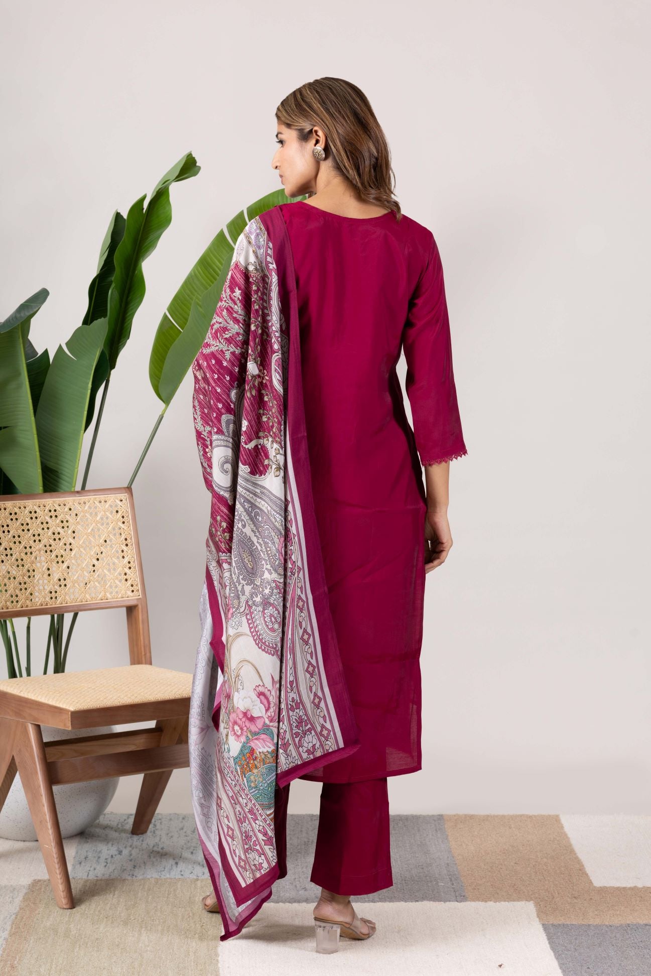 KUDIORY Women Magenta Embroidered Straight Kurta with Printed Dupatta & Trousers