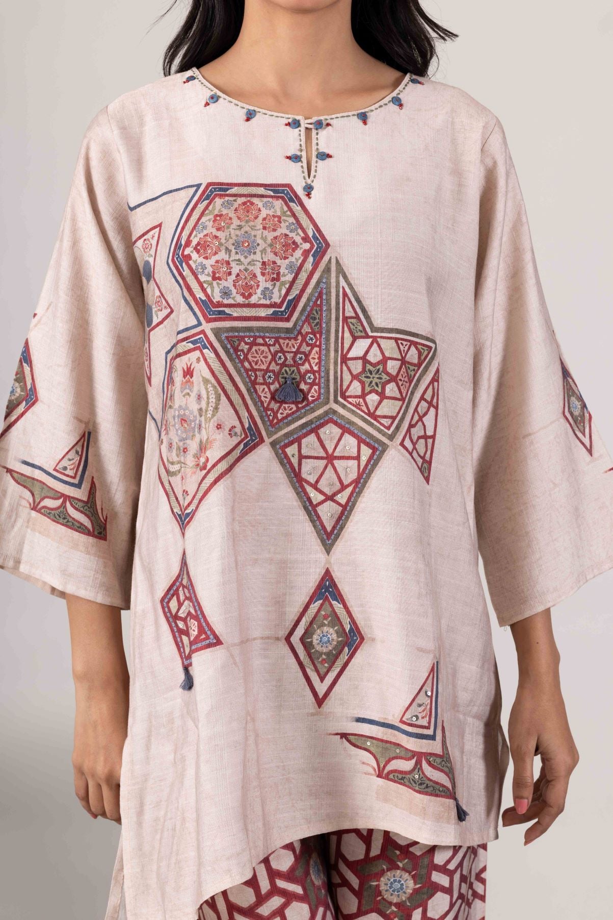 KUDIORY Women’s Beige Printed Kaftan Kurta with Palazzo Pants