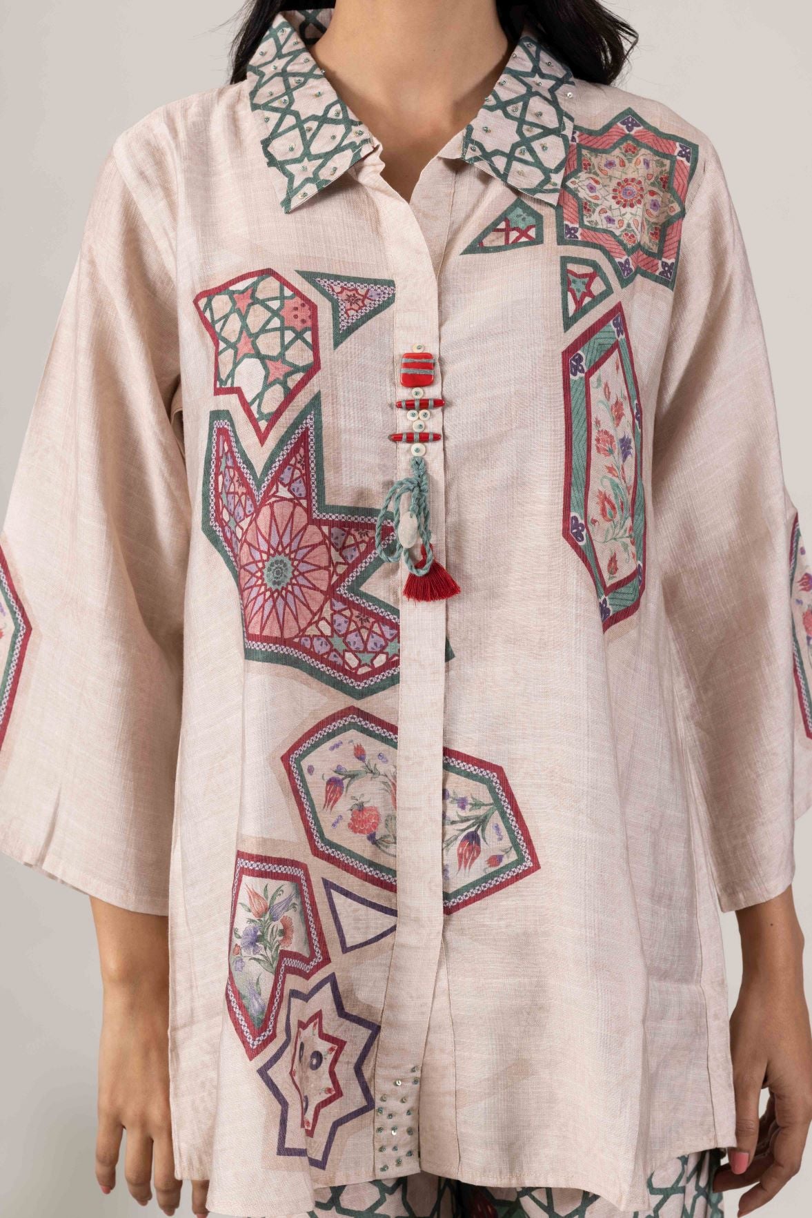 KUDIORY Women’s Beige Geometric Printed Kaftan Kurta with Palazzo Pants