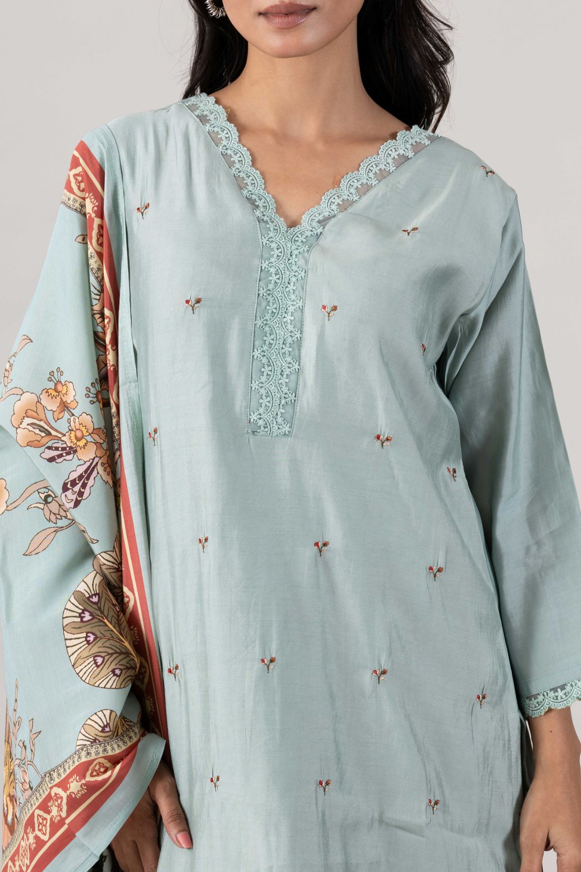 KUDIORY Women’s Sea Green Embroidered Kurta with Straight Palazzos & Printed Dupatta