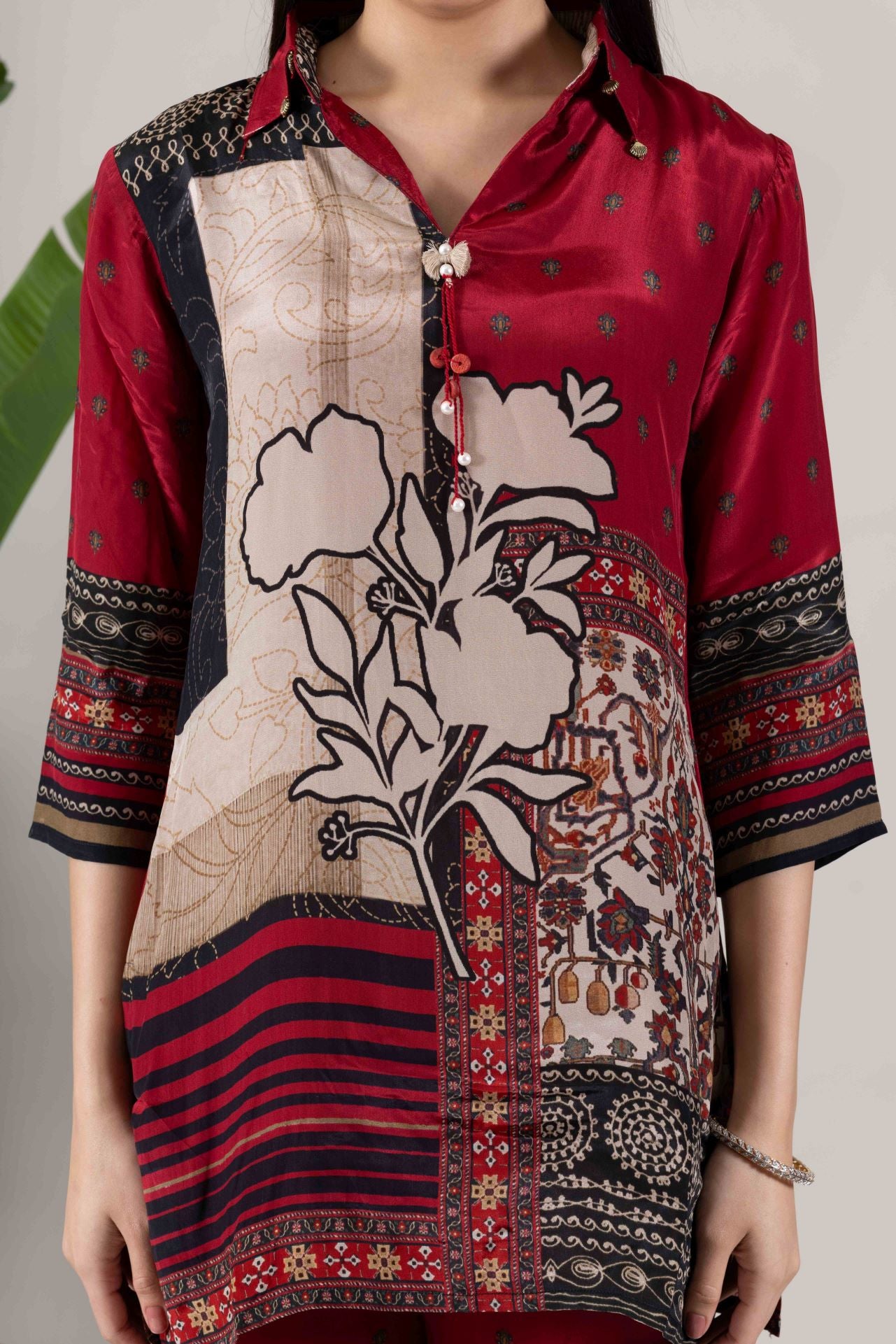 KUDIORY Women’s Red Printed Kurta with Palazzo Pants Co-Ord Set