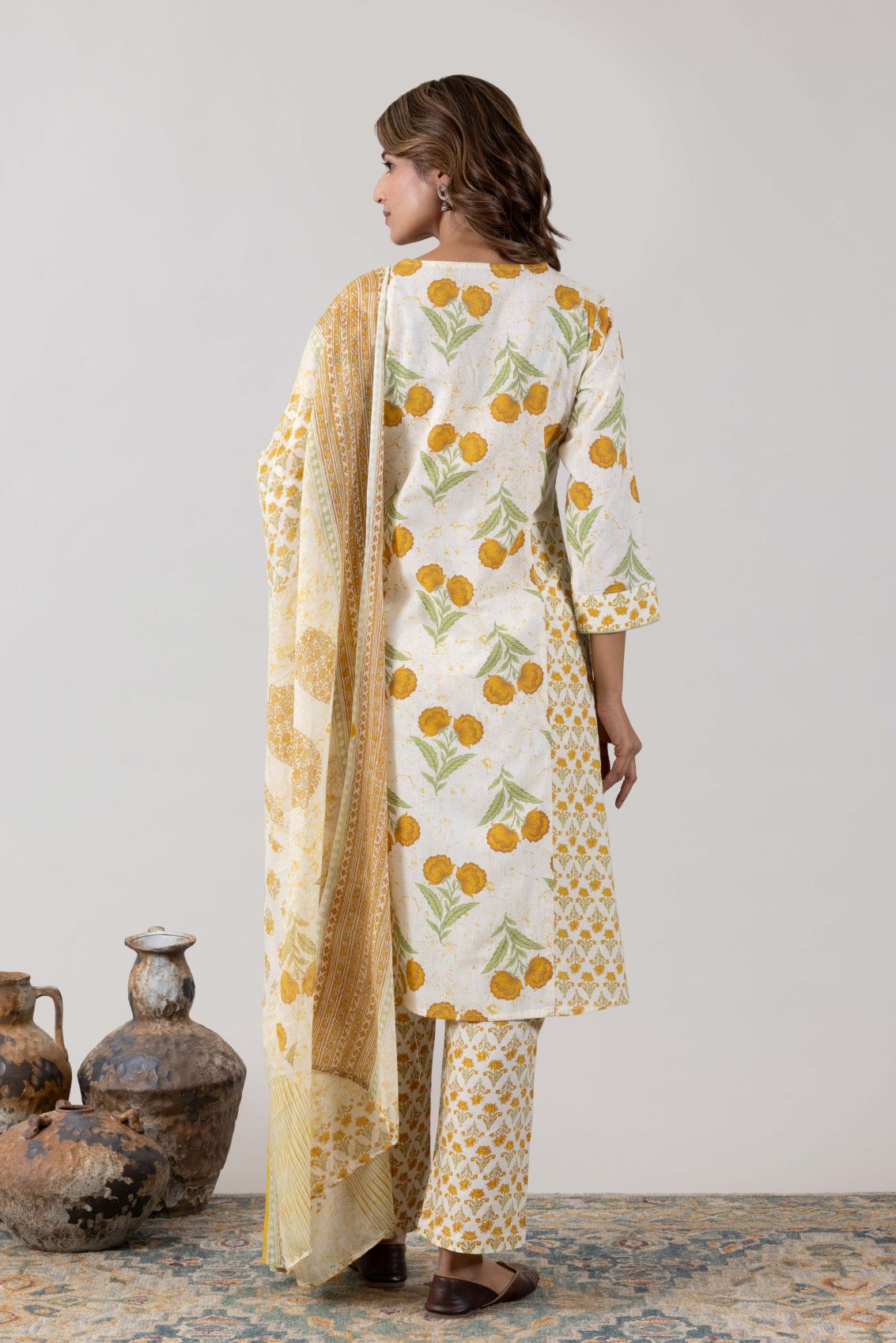 KUDIORY Women White & Mustard Yellow Floral Printed Kurta with Trousers & Dupatta