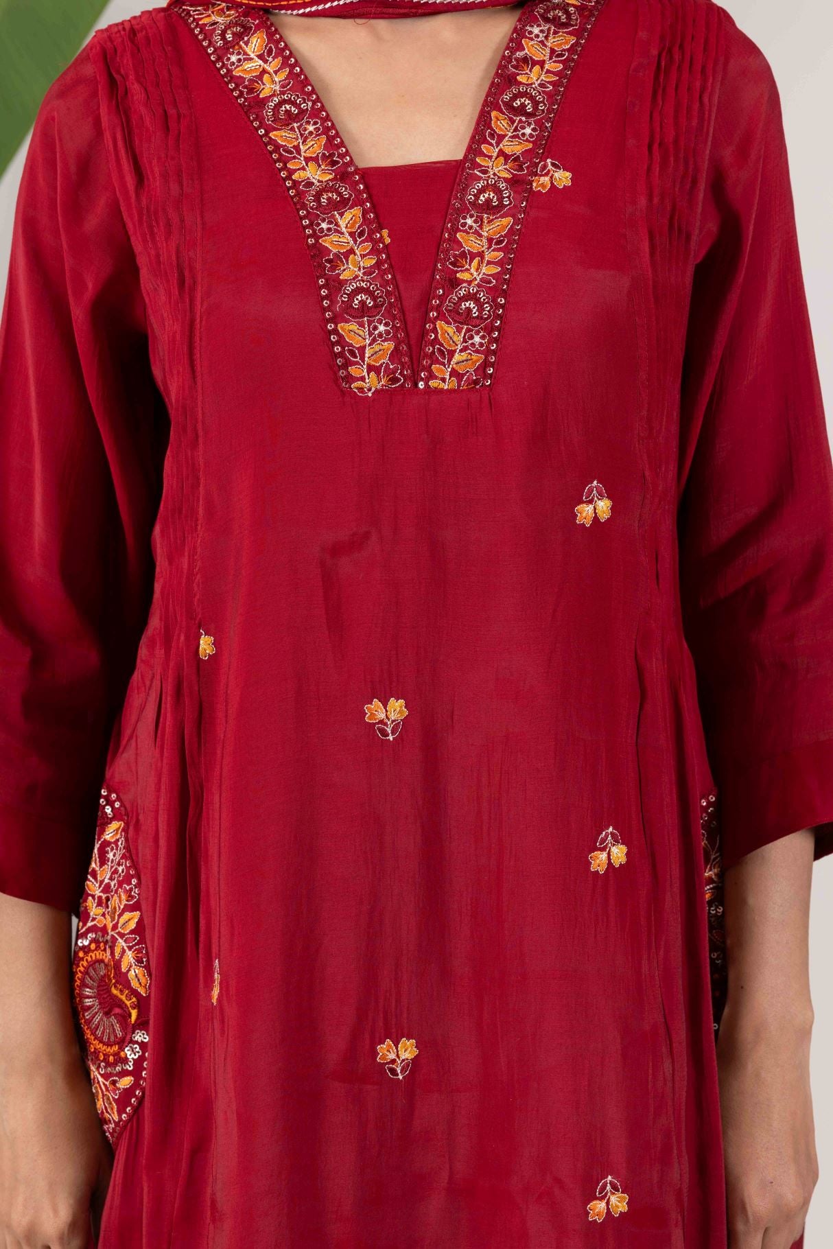 KUDIORY Women’s Maroon Embroidered Kurta with Trousers & Dupatta