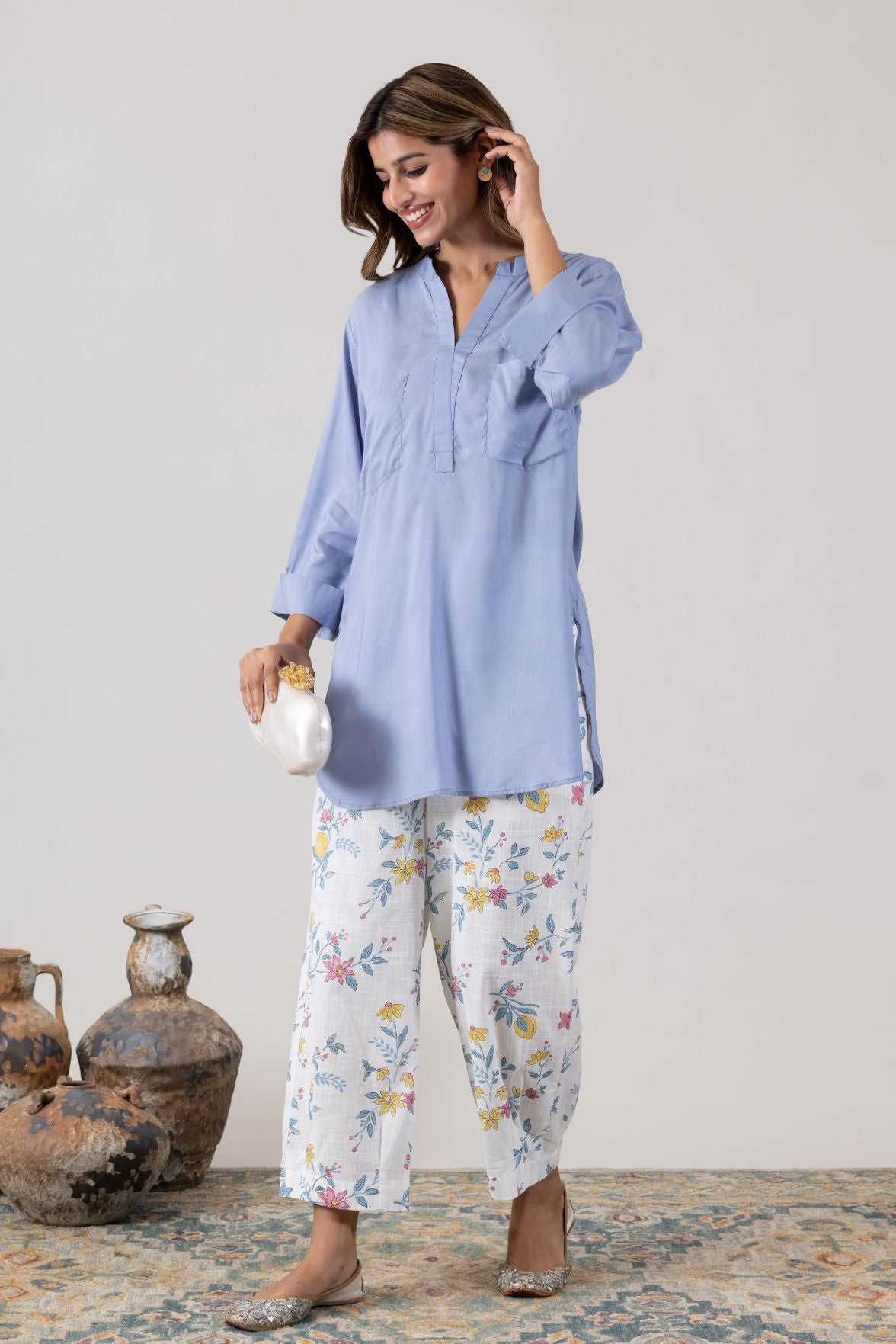 KUDIORY Women’s Light Blue Solid Short Kurta with White Floral Printed Straight Palazzos