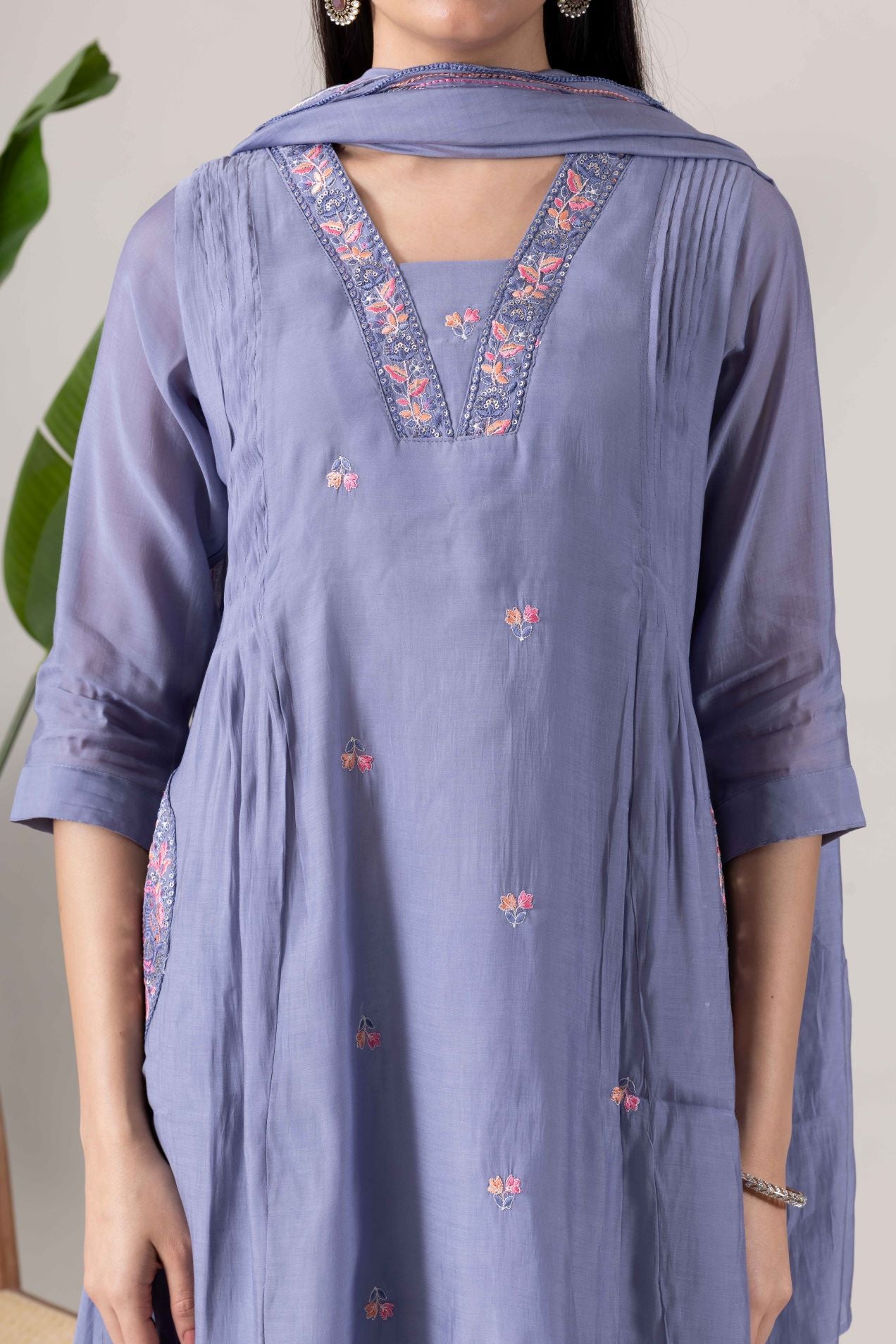 KUDIORY Women’s Grey Embroidered Kurta with Trousers & Dupatta