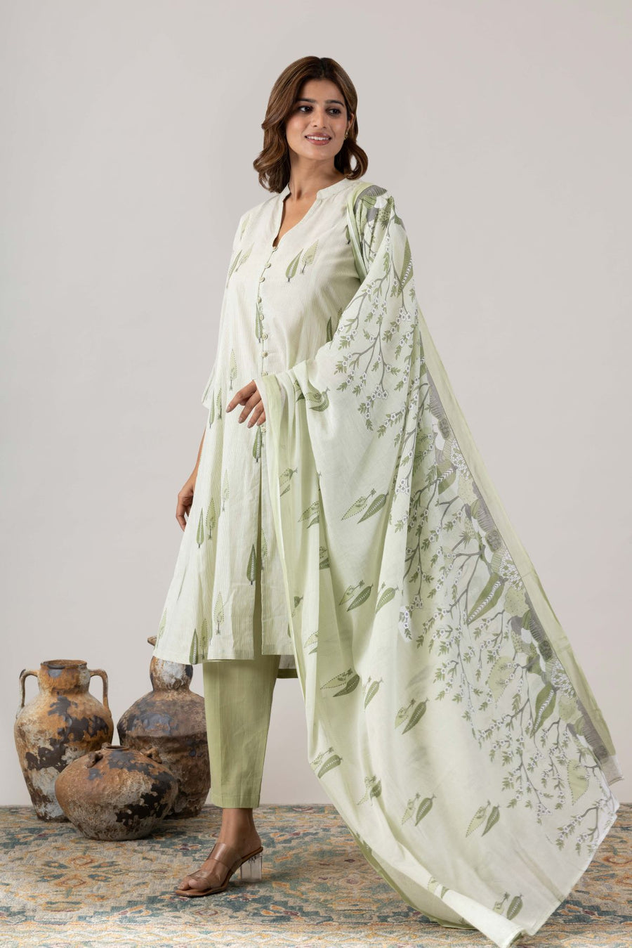 KUDIORY Women’s Off-White & Olive Green Printed Kurta with Trousers & Dupatta