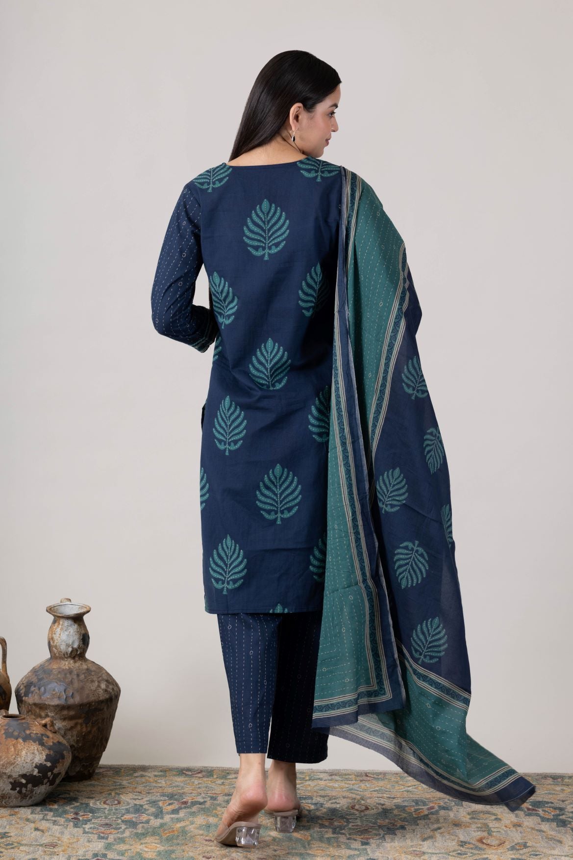 KUDIORY Women’s Navy Blue & Teal Printed Kurta with Trousers & Dupatta
