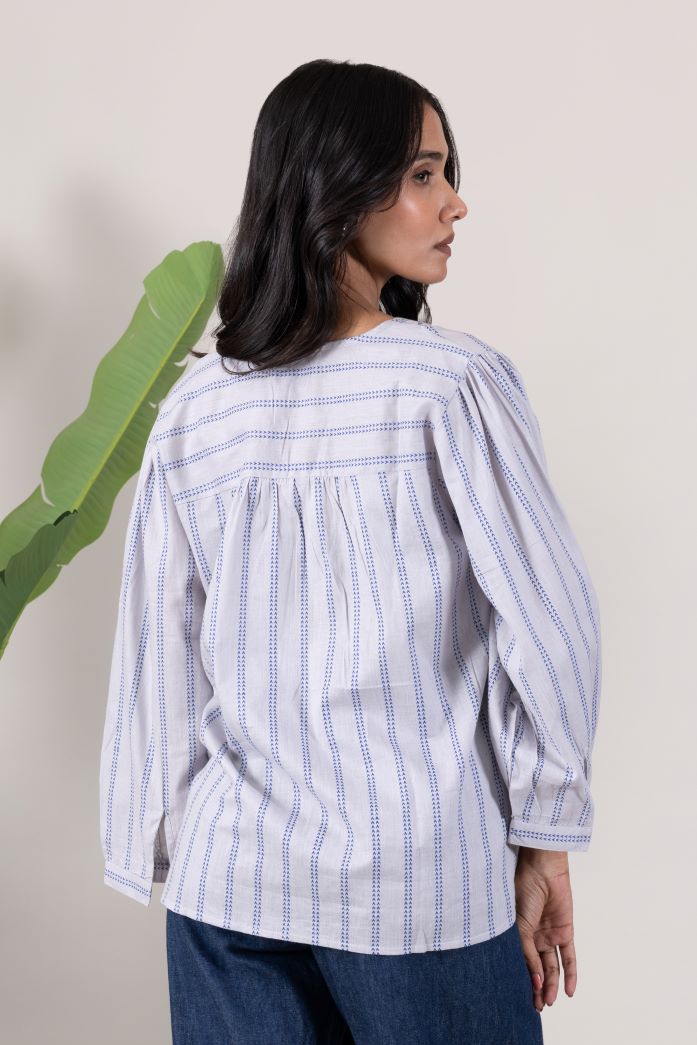 KUDIORY Women White & Blue Striped Mandarin Collar Top
