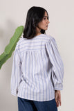 KUDIORY Women White & Blue Striped Mandarin Collar Top