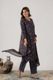 KUDIORY Women Navy Blue Floral Printed Kurta with Trousers & Dupatta