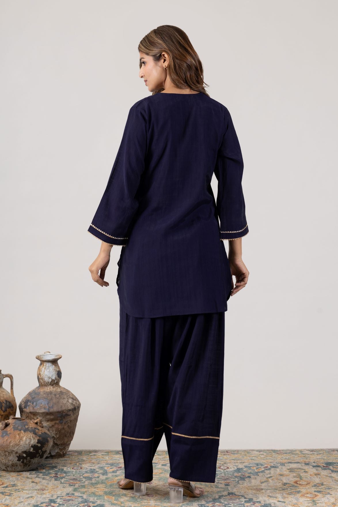 KUDIORY Women Navy Blue Solid Kurta with Wide-Leg Trousers