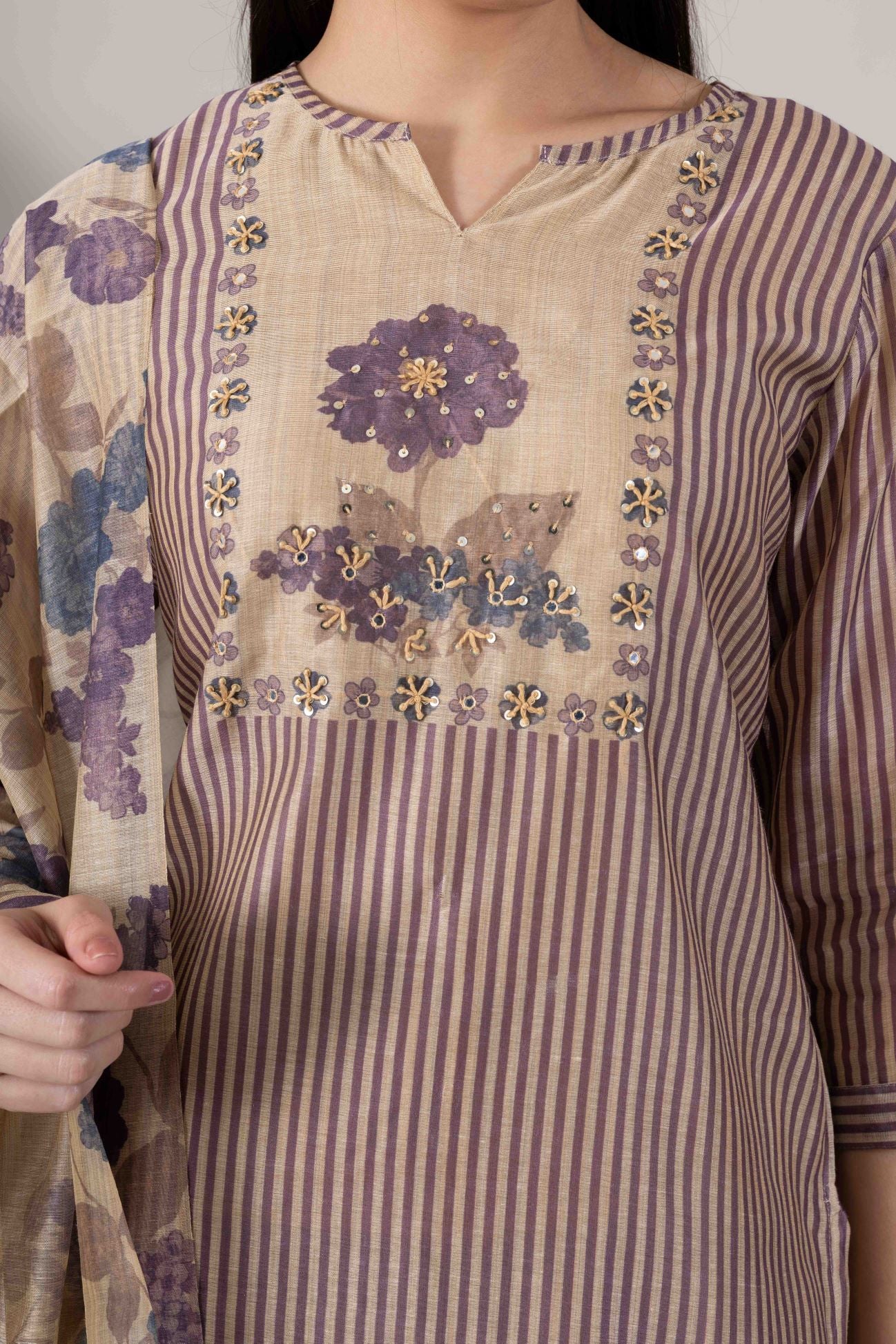KUDIORY Women Purple Striped Kurta with Floral Printed Dupatta & Straight Pants