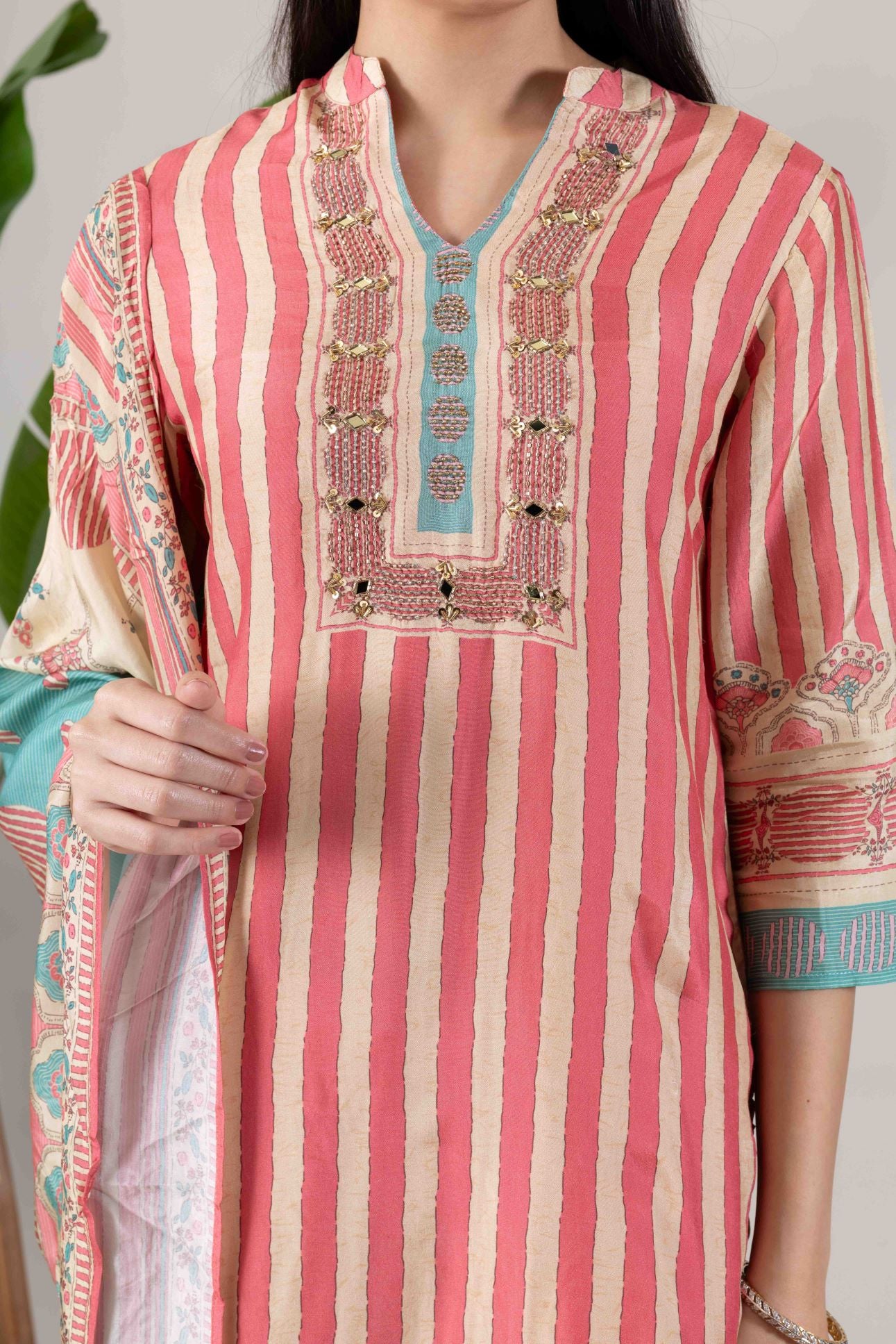 KUDIORY Women Pink Striped Printed Kurta with Trousers & Dupatta Set