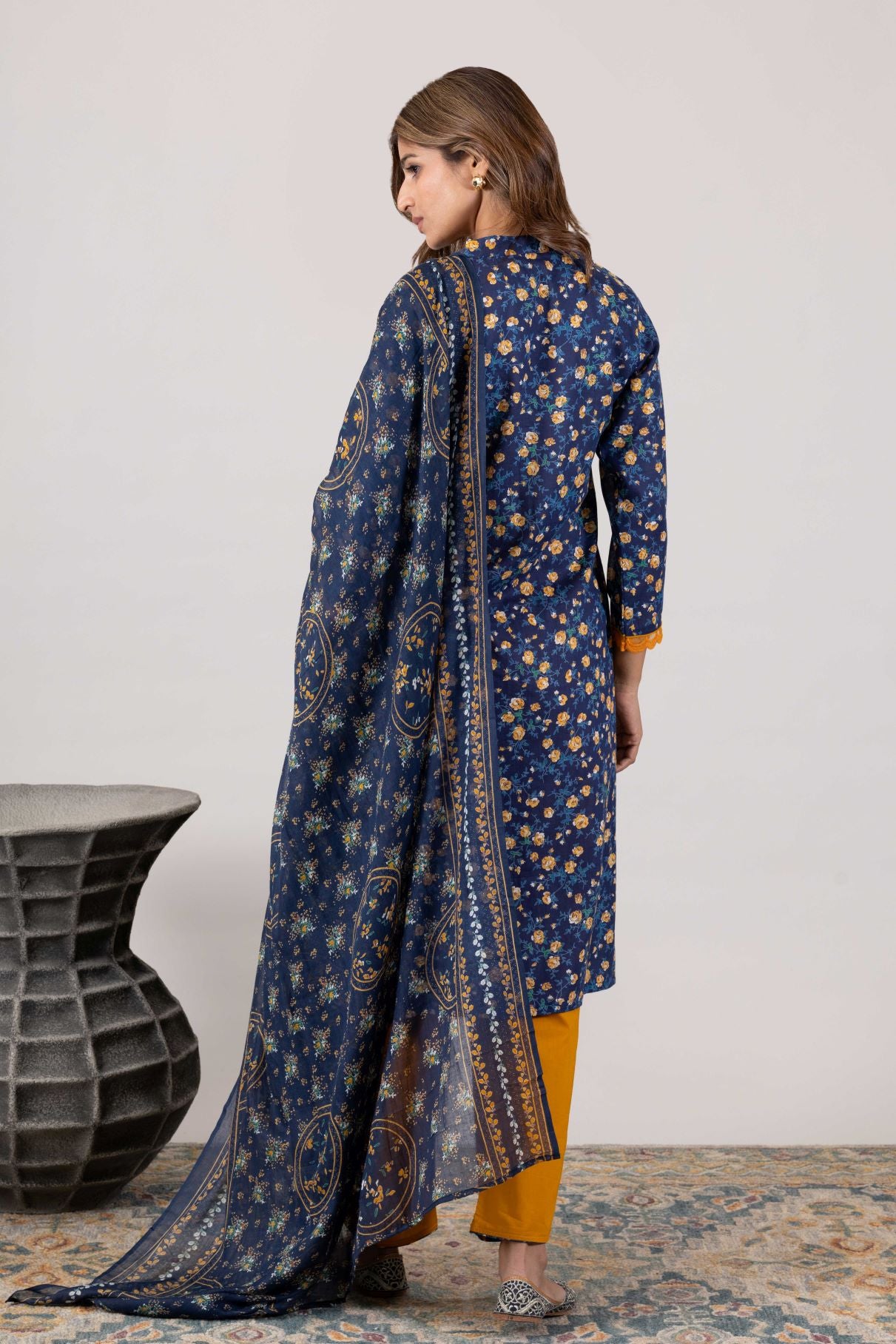 KUDIORY Women’s Navy Blue Floral Printed Kurta with Mustard Trousers & Dupatta