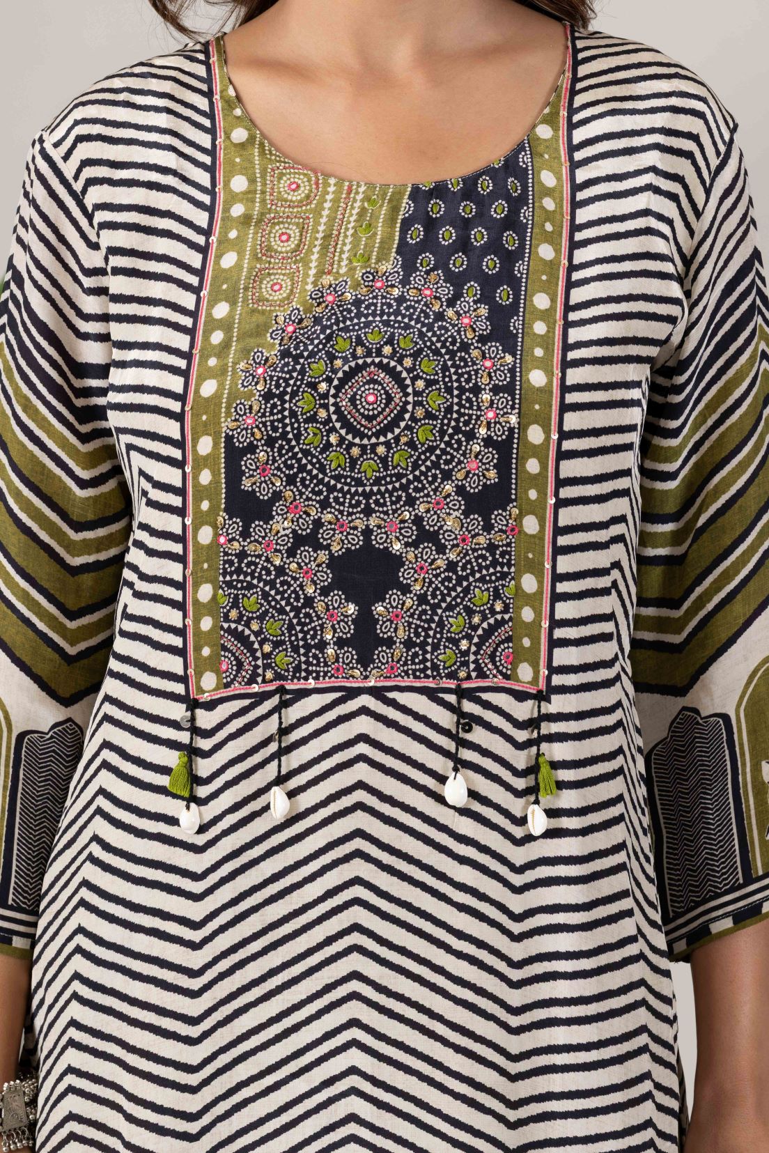 KUDIORY Women Black & Olive Green Geometric Printed Kurta with Palazzos & Dupatta