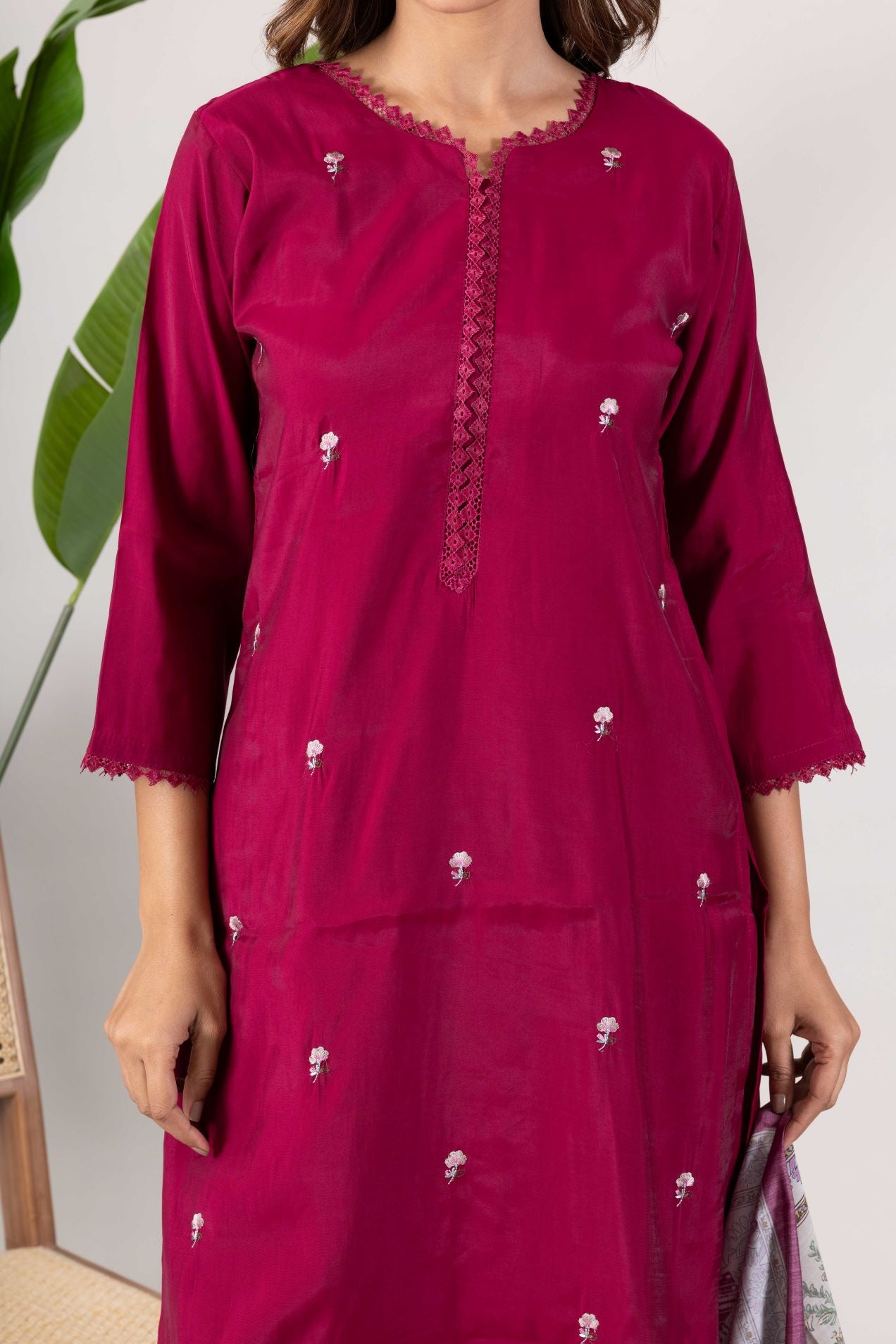KUDIORY Women Magenta Embroidered Straight Kurta with Printed Dupatta & Trousers