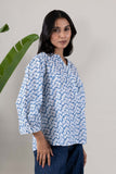 KUDIORY Women Blue Floral Printed V-Neck Flared Sleeves Top