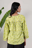 KUDIORY Women Lime Green Floral Printed V-Neck Top with Bell Sleeves