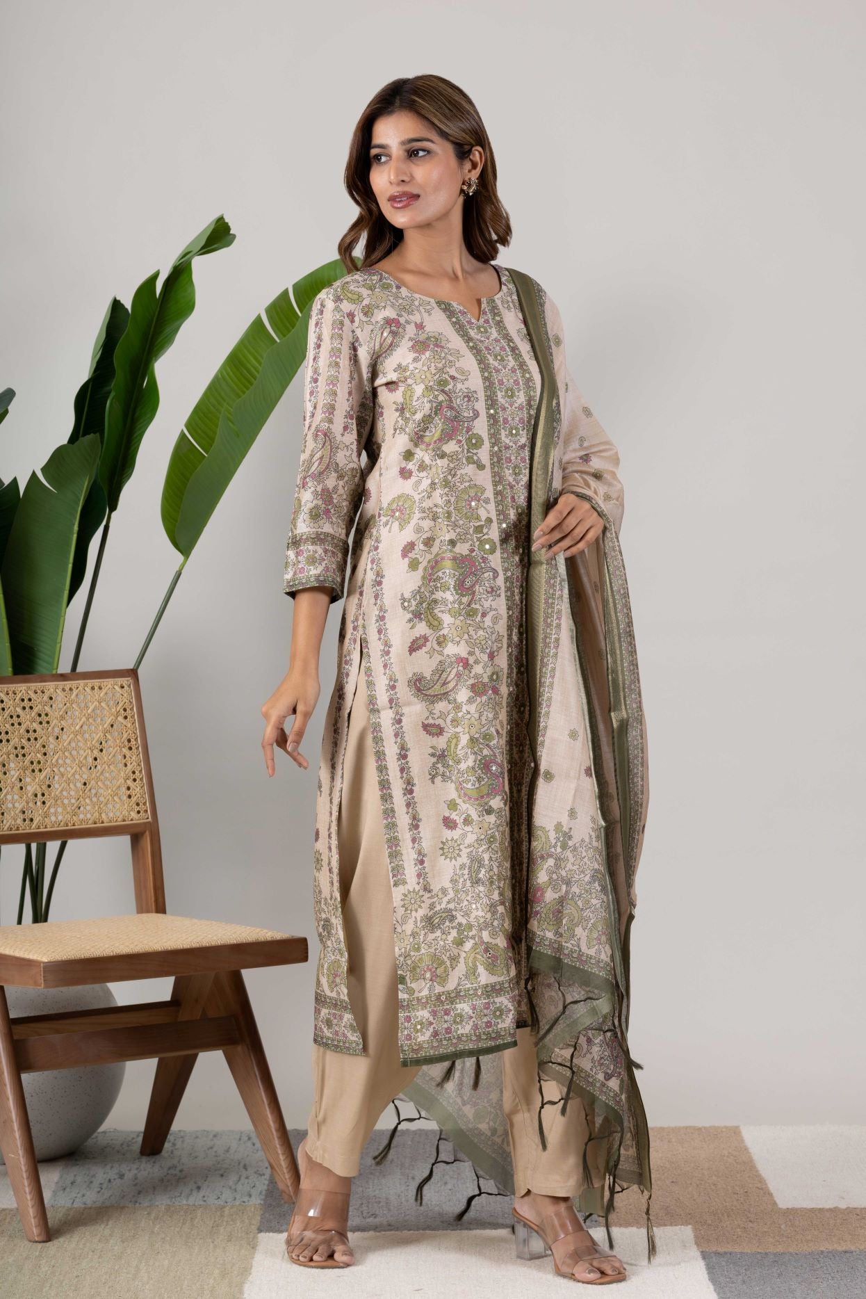KUDIORY Women Ethnic Motifs Printed Regular Chanderi Cotton Kurta with Palazzos & With Dupatta