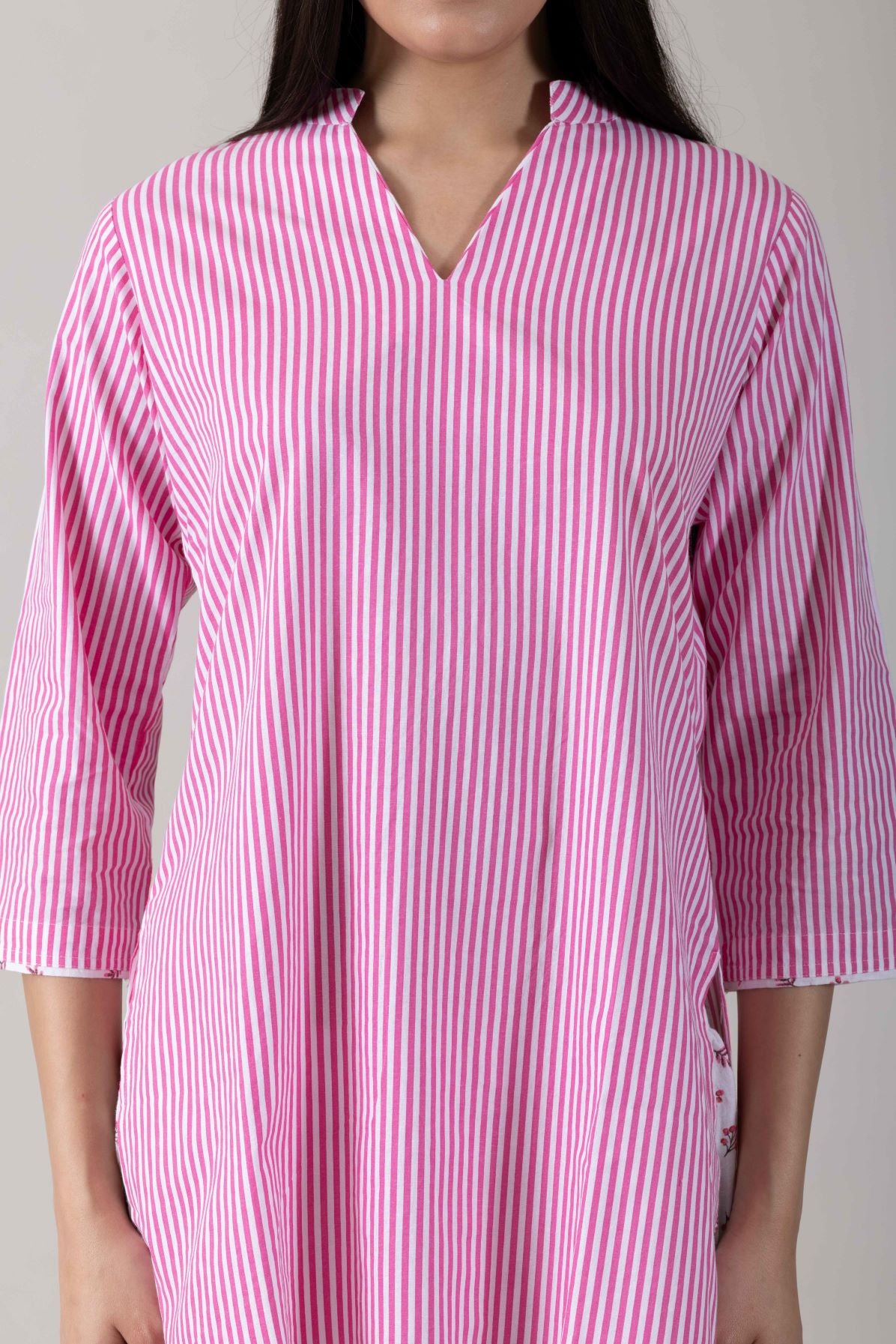 KUDIORY Women Pink Striped Kurta with White Floral Printed Palazzo Pants