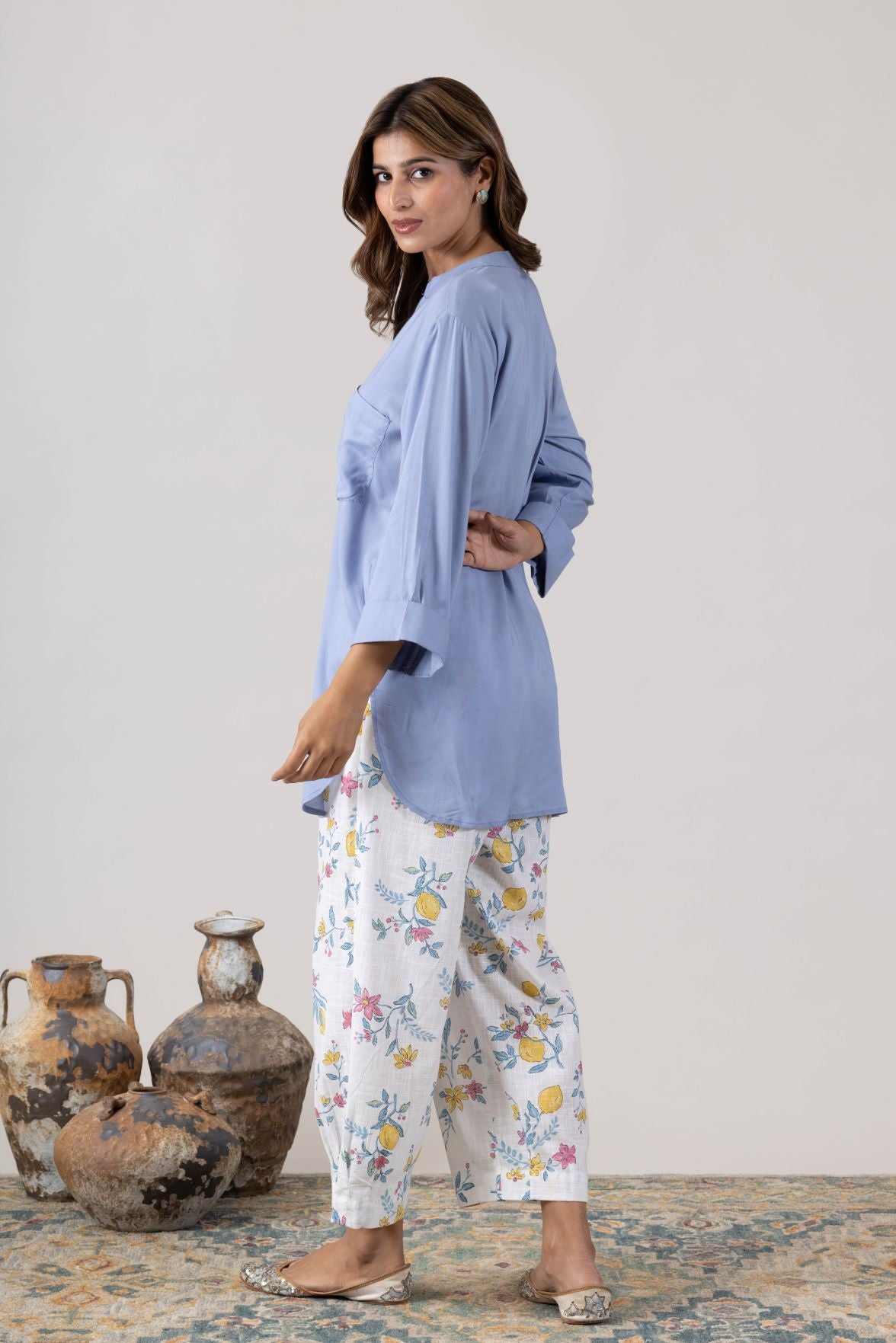 KUDIORY Women’s Light Blue Solid Short Kurta with White Floral Printed Straight Palazzos