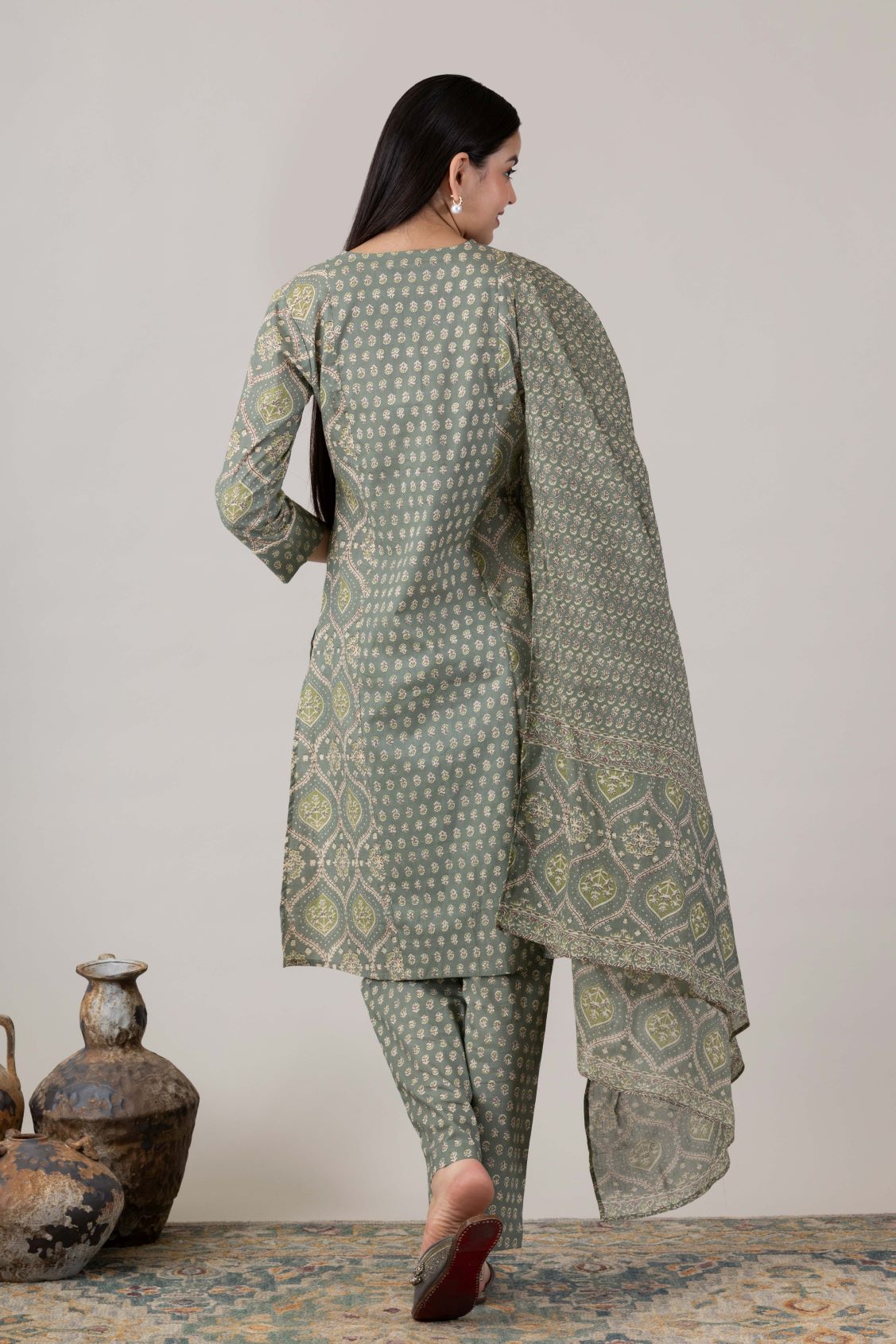 KUDIORY Women’s Green Printed Kurta with Printed Trousers & Dupatta