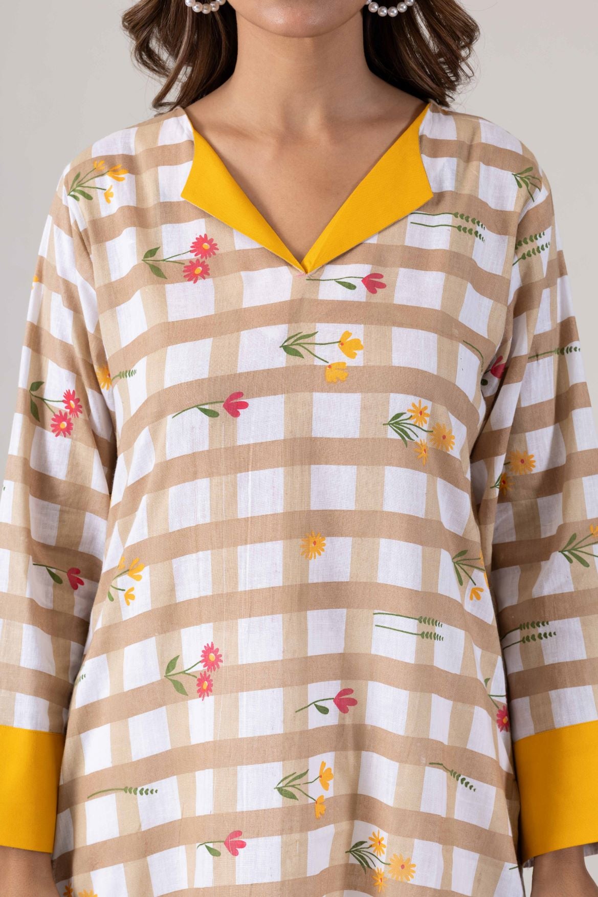 KUDIORY Floral Printed V-Neck Pure Cotton Kurta