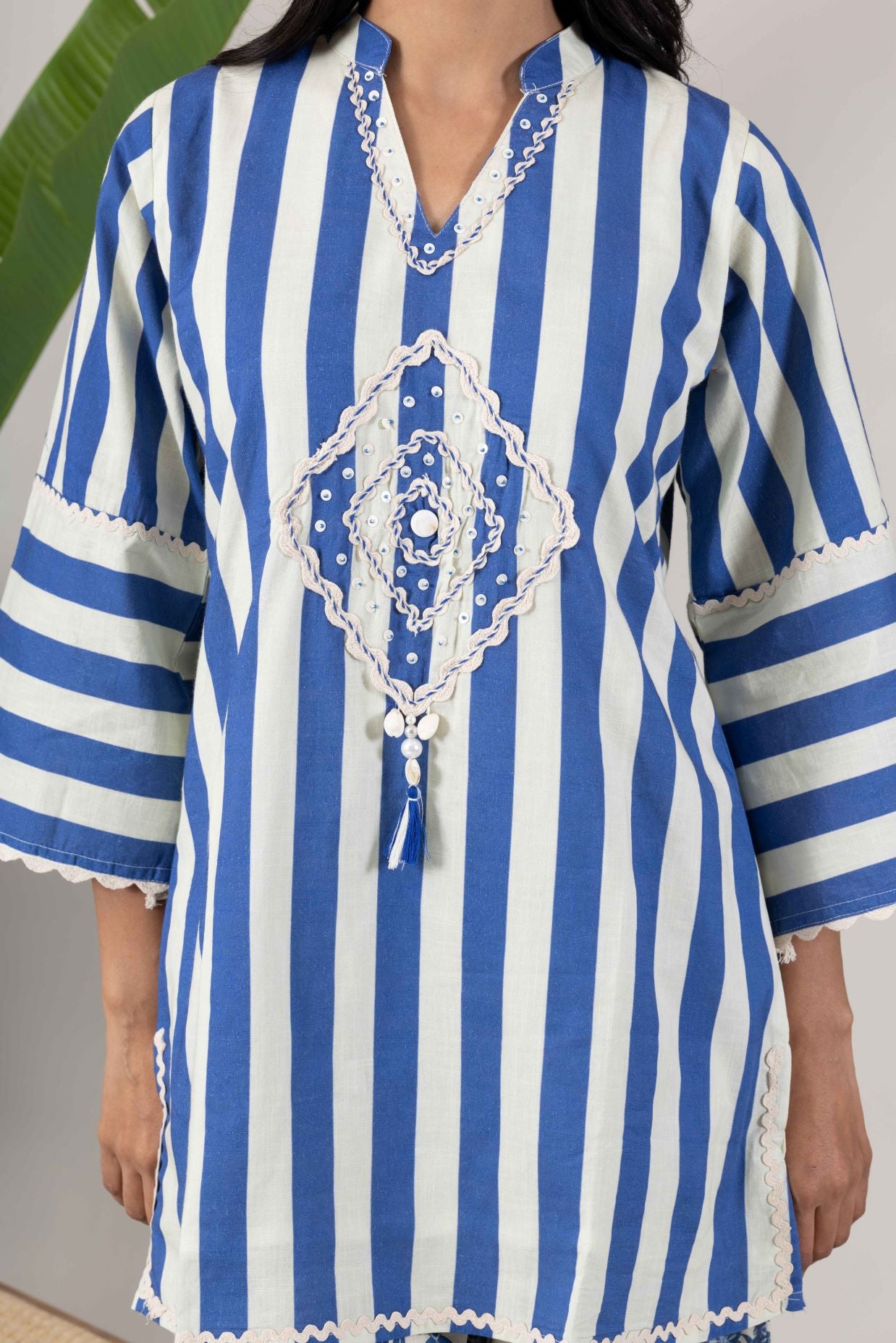KUDIORY Women Blue & White Striped Printed Kurta with Palazzo Pants Co-Ord Set