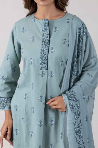 KUDIORY Women Sea Green Printed Kurta with Trousers & Dupatta
